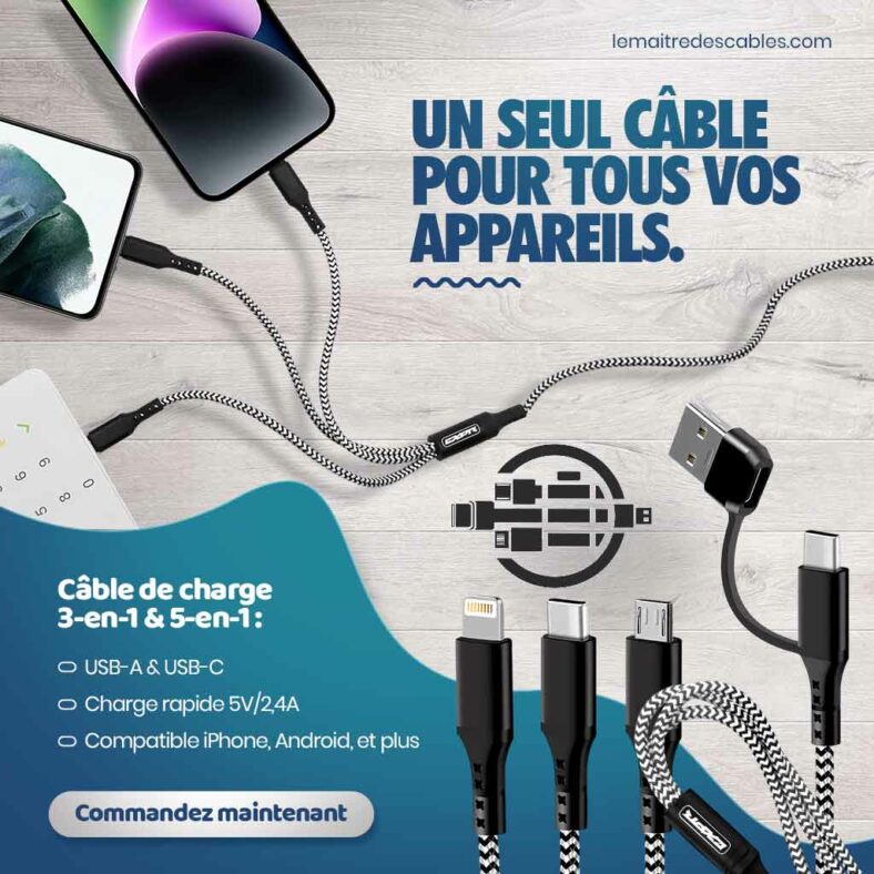 Câble Multi USB A/C Embout – Cable 3 en 1, 5 en 1 de charge 5V/2.4A – USB A ou USB C (Type-C) vers USB-C/Micro USB/Lightning compatible Apple pour iPhone, iPad, Android Samsung etc. (NOIR/BLANC) Câble Multi USB A/C Embout – Cable 3 en 1, 5 en 1 de charge 5V/2.4A – USB A ou USB C (Type-C) vers USB-C/Micro USB/Lightning compatible Apple pour iPhone, iPad, Android Samsung etc. (NOIR/BLANC)